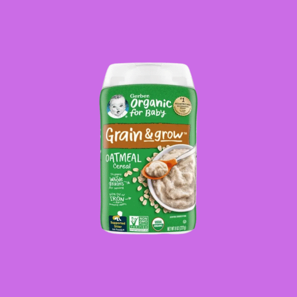 Gerber, Organic Oatmeal, Single Grain Cereal, 1st Food, 8 ozGerber Organic Oatmeal, Single Grain Cereal, 1st Food, 8 oz, is a USDA-certified organic and Non-GMO Project Verified infant cereal specifically designed for babies ready to begin solid foods, typically supported sitters. This single-grain oatmeal is an ideal first food as it helps parents introduce new textures and tastes while allowing them to check for potential food sensitivities due to its single-grain nature.  It is made with organic whole-grain oat flour and contains no artificial colors or flavors. This cereal is a powerhouse of essential nutrients crucial for a baby's healthy growth and development. It's particularly rich in iron, with just two servings providing 60% of a baby's daily iron needs, which is vital for brain development and learning ability. Beyond iron, it's fortified with a "VitaBlocks Nutrient Blend" including Vitamin C, Vitamin E, Zinc, and six B vitamins (Thiamine, Riboflavin, Niacin, Vitamin B6, Folic Acid, and Vitamin B12) to support overall healthy development, and calcium for strong bones and teeth.  Gerber Organic Oatmeal is completely cooked and ready to serve. It can be easily prepared by simply adding breast milk or infant formula to achieve the desired consistency. It can be served at room temperature or warmed in the microwave (always test temperature before feeding). The 8 oz container is sold by weight, not volume, and comes with a NutriLock® seal for freshness